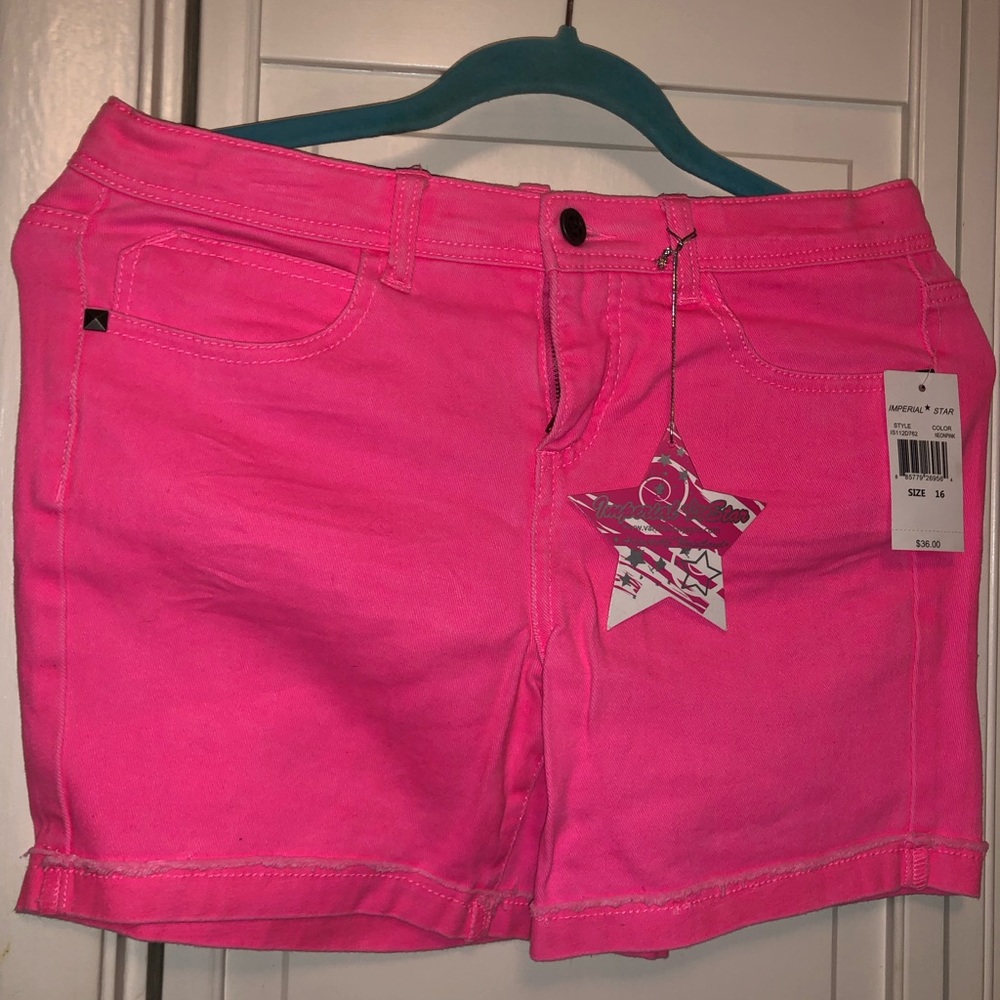 Imperial Star denim  jeans, adjustable waistband neon pink color style.